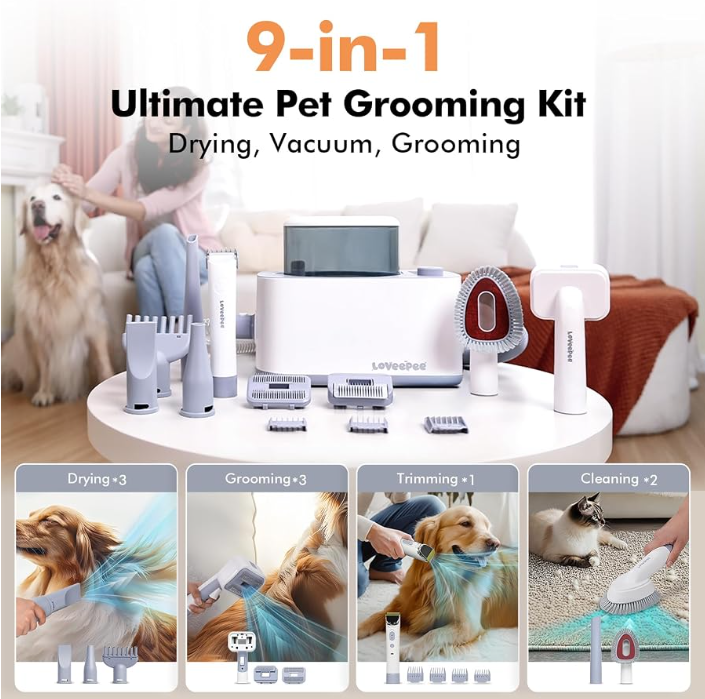 9-in-1 Pet Grooming Vacuum Kit — Built-in Hair Dryer, 3L Dust Box