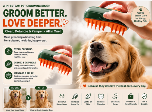 3-in-1 Steam Pet Grooming Brush — Deshed, Detangle & Massage